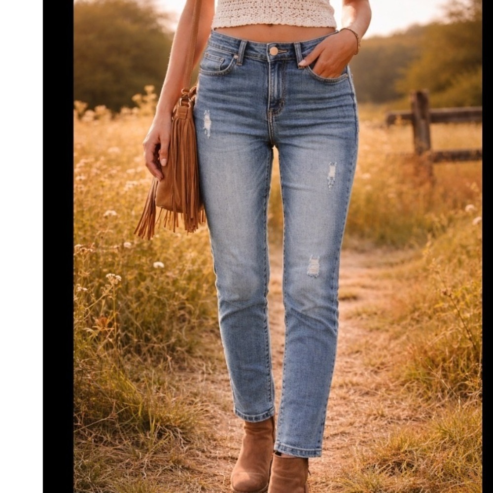 STS‎ Womens Mid Rise Ankle Skinny Distressed Jeans Medium Wash Size 30